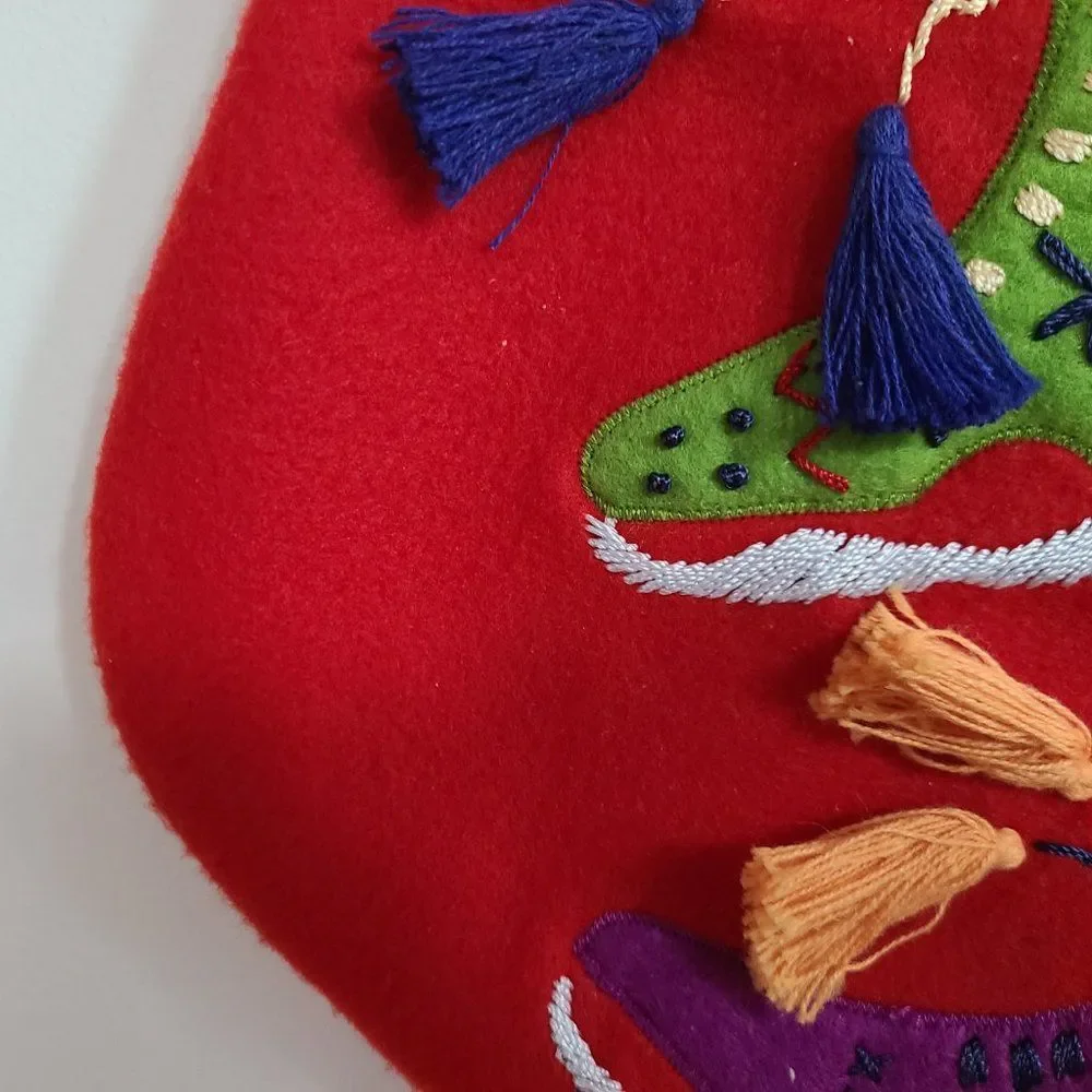 Red Felt Christmas Stocking With Embroidered and Appliqued Ice Skates and Tassel